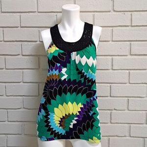 Attention Sleeveless Multicolor Bibrant Black Beaded Top. Size XS NWOT